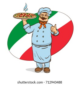 Chief cook with pizza on plate. Vector illustration. Man in cooks uniform. Cartoon character.