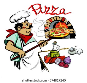 chief cook pizza, stone oven, illustration