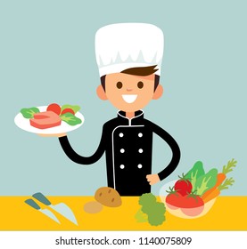 Chief cook is standing at the table holding a dish with fresh meal. Vector illustration. Flat design.