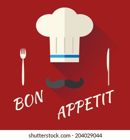 Chief Cook Symbol Toque Cuisine Hat with Mustache Food Icon on Stylish Background Modern Flat Design Vector Illustration