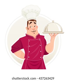 Chief cook with tray for food vector illustration man in cooks uniform cartoon character