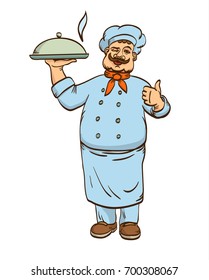 Chief cook with tray for food. Vector illustration. Man in cooks uniform. Cartoon character.