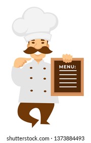 Chief cook in uniform chef or baker with restaurant or cafe menu vector isolated male character and dishes list cooking and culinary food preparation confectioner bakery house profession or occupation