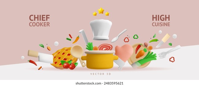 Chief cooker, High cuisine 3D plastic style vector banner. White chef hat with three golden stars, kitchenware and cookware. Cooking food preparation ingredients. Vegetables, meat, pie