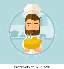 Chief cooker holding roasted chicken in the kitchen. Chief cooker with whole baked chicken. Chief cooker with fried chicken. Vector flat design illustration in the circle isolated on background.