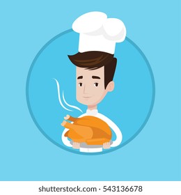Chief cooker in uniform and cap holding roasted chicken. Young caucasian chief cooker holding whole baked chicken on plate. Vector flat design illustration in the circle isolated on background.