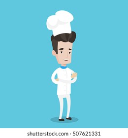 Cocina principal con uniforme y sombrero de pie con brazos cruzados. Joven chef caucásico. Confiado cocinero masculino. Largo de un alegre chef sonriente. Ilustración de diseño plana vectorial. Diseño cuadrado