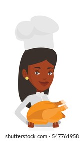 Cocina principal con uniforme y pollo asado. Cocina principal con pollo al horno entero. Cocina principal con plato frito. Ilustración de diseño plana vectorial aislada en fondo blanco.