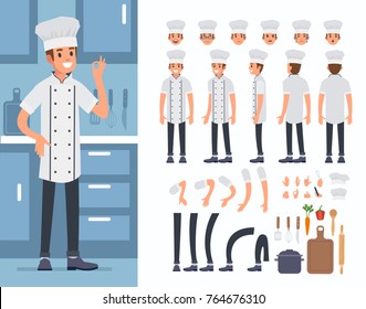 Chief cooking  character constructor and kitchen utensil objects for animation scene.  Set of various men's poses, faces, hands, legs. Flat style vector illustration isolated on white background.