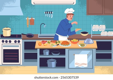 Chief cooking in restaurant kitchen. Professional chef cook preparing dish commercial catering cuisine interior, food preparation cookery job cartoon classy vector illustration original artwork