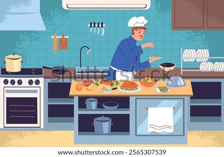 Chief cooking in restaurant kitchen. Professional chef cook preparing dish commercial catering cuisine interior, food preparation cookery job cartoon classy vector illustration original artwork