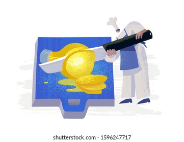 Chief cooks fresh idea. Character slices bright bulb by big knife. Blue and yellow colored conceptual vector illustration EPS 10 isolated on white
