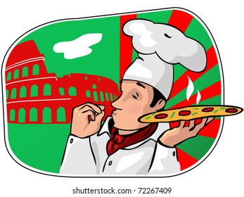 The chief of cooks with a pizza