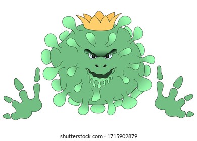 Chief coronavirus is increasing, growing. The evil and dangerous covid-19 is taking over the world. King of viruses attacks people, man, woman, child, grandparents. Vector flat cartoon illustration.
