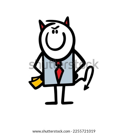 Chief of the devil with horns and tail smiles maliciously and holds documents in his hands. Vector illustration of stick figure man in a business suit.