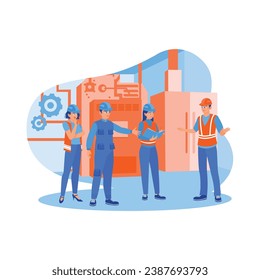 Chief engineer holding a meeting with colleagues in heavy industrial manufacturing. The chief engineer briefed the work concept. Briefings concept. trend modern vector flat illustration