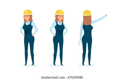Chief engineer woman character. Woman architect worker in working clothes. Control over process, personnel management, calculations, technical, technological analysis. Cartoon illustration isolated.