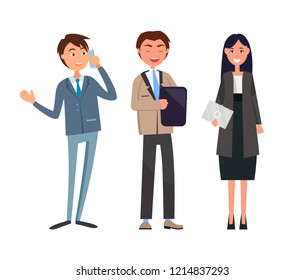 Chief executive, ceo making up strategy of company. Manager male working on tablet gadget. Business meeting, boss holding plan, man and woman vector