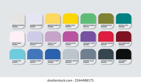 Chief Executive Officer (CEO) Color Guide Palette with Color Names. Catalog Sample CEO with RGB HEX codes and Names. Colors Palette, Company management CEO Color Palette, Fashion Trend Color Palette