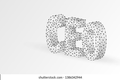 Chief Executive Officer, CEO on monitor screen. Device, leadership, headship concept. Abstract, digital, wireframe, low poly mesh, vector white origami 3d illustration. Triangle, line, dot, star