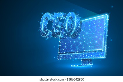 Chief Executive Officer, CEO on monitor screen. Device, leadership, headship concept. Abstract, digital, wireframe, low poly mesh, vector blue neon 3d illustration. Triangle, line, dot, star