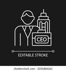 Icono lineal blanco del jefe ejecutivo para el tema oscuro. Ceo de corporación. Jefe ejecutivo. Ilustración personalizable de línea delgada. Símbolo de contorno vectorial aislado para el modo nocturno. Trazo editable