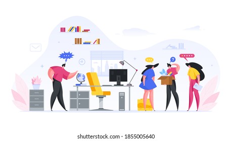 Chief dispara una ilustración vectorial de un equipo de empleados. Carácter jefe enojado grita a la gente triste. Mujeres y hombres tristes de pie con la cabeza bajada con una caja de pertenencias personales y diplomas planos.