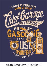 Chief garage gasoline station, vector vintage print for boy shirt grunge effect in separate layer