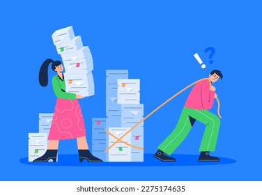 A chief gives the employee a lot of tasks and paperwork. A tired man with stacks of office papers and documents. Overwork and stress at work. Vector flat illustration on the background.