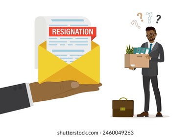 Chief hand sending a resignation letter to the employee. Change of job, unemployment, resign concept. Boss hand give envelope with document about dismissal. flat vector illustration