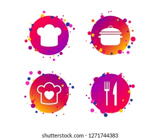 Chief hat and cooking pan icons. Fork and knife signs. Boil or stew food symbols. Gradient circle buttons with icons. Random dots design. Vector