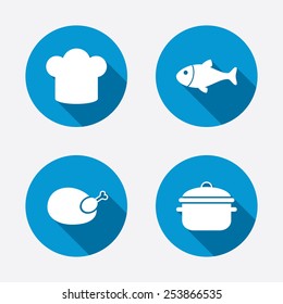 Chief hat and cooking pan icons. Fish and chicken signs. Boil or stew food symbol. Circle concept web buttons. Vector