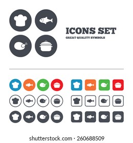 Chief hat and cooking pan icons. Fish and chicken signs. Boil or stew food symbol. Web buttons set. Circles and squares templates. Vector