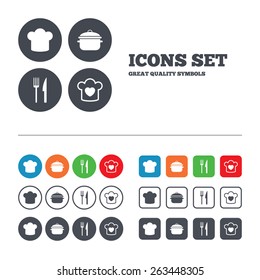 Chief hat and cooking pan icons. Fork and knife signs. Boil or stew food symbols. Web buttons set. Circles and squares templates. Vector
