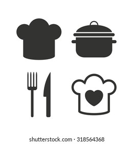 Chief hat and cooking pan icons. Fork and knife signs. Boil or stew food symbols. Flat icons on white. Vector