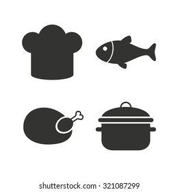 Chief hat and cooking pan icons. Fish and chicken signs. Boil or stew food symbol. Flat icons on white. Vector