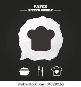 Chief hat and cooking pan icons. Fork and knife signs. Boil or stew food symbols. Paper speech bubble with icon.