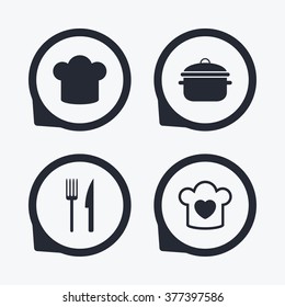 Chief hat and cooking pan icons. Fork and knife signs. Boil or stew food symbols. Flat icon pointers.