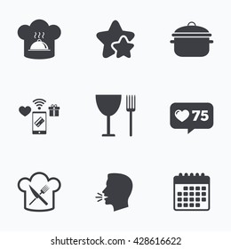 Chief hat and cooking pan icons. Crosswise fork and knife signs. Boil or stew food symbols. Flat talking head, calendar icons. Stars, like counter icons. Vector