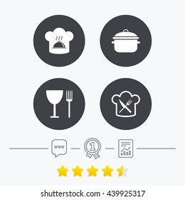 Chief hat and cooking pan icons. Crosswise fork and knife signs. Boil or stew food symbols. Chat, award medal and report linear icons. Star vote ranking. Vector