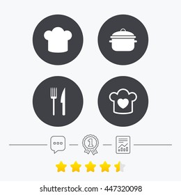 Chief hat and cooking pan icons. Fork and knife signs. Boil or stew food symbols. Chat, award medal and report linear icons. Star vote ranking. Vector
