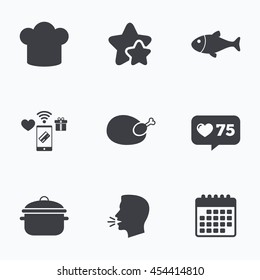 Chief hat and cooking pan icons. Fish and chicken signs. Boil or stew food symbol. Flat talking head, calendar icons. Stars, like counter icons. Vector