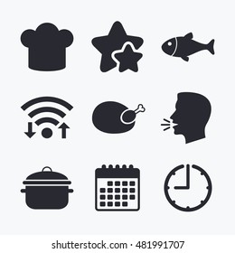 Chief hat and cooking pan icons. Fish and chicken signs. Boil or stew food symbol. Wifi internet, favorite stars, calendar and clock. Talking head. Vector