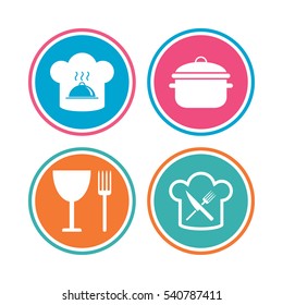 Chief hat and cooking pan icons. Crosswise fork and knife signs. Boil or stew food symbols. Colored circle buttons. Vector
