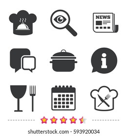 Chief hat and cooking pan icons. Crosswise fork and knife signs. Boil or stew food symbols. Newspaper, information and calendar icons. Investigate magnifier, chat symbol. Vector