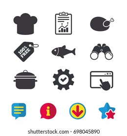 Chief hat and cooking pan icons. Fish and chicken signs. Boil or stew food symbol. Browser window, Report and Service signs. Binoculars, Information and Download icons. Stars and Chat. Vector