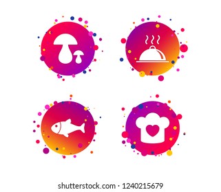 Chief hat with heart and cooking pan icons. Fish and boletus mushrooms signs. Hot food platter serving symbol. Gradient circle buttons with icons. Random dots design. Vector