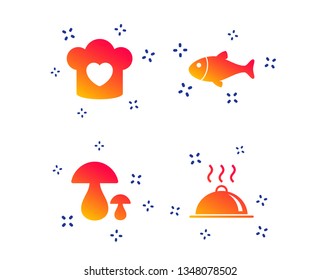 Chief hat with heart and cooking pan icons. Fish and boletus mushrooms signs. Hot food platter serving symbol. Random dynamic shapes. Gradient chef icon. Vector