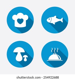 Chief hat with heart and cooking pan icons. Fish and boletus mushrooms signs. Hot food platter serving symbol. Circle concept web buttons. Vector