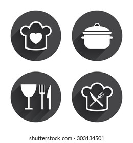 Chief hat with heart and cooking pan icons. Crosswise fork and knife signs. Boil or stew food symbol. Circles buttons with long flat shadow. Vector